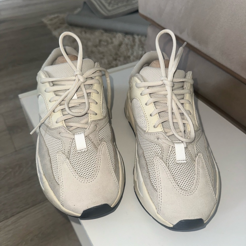 Yeezy Cream & Light Gray Suede Mesh Sneakers